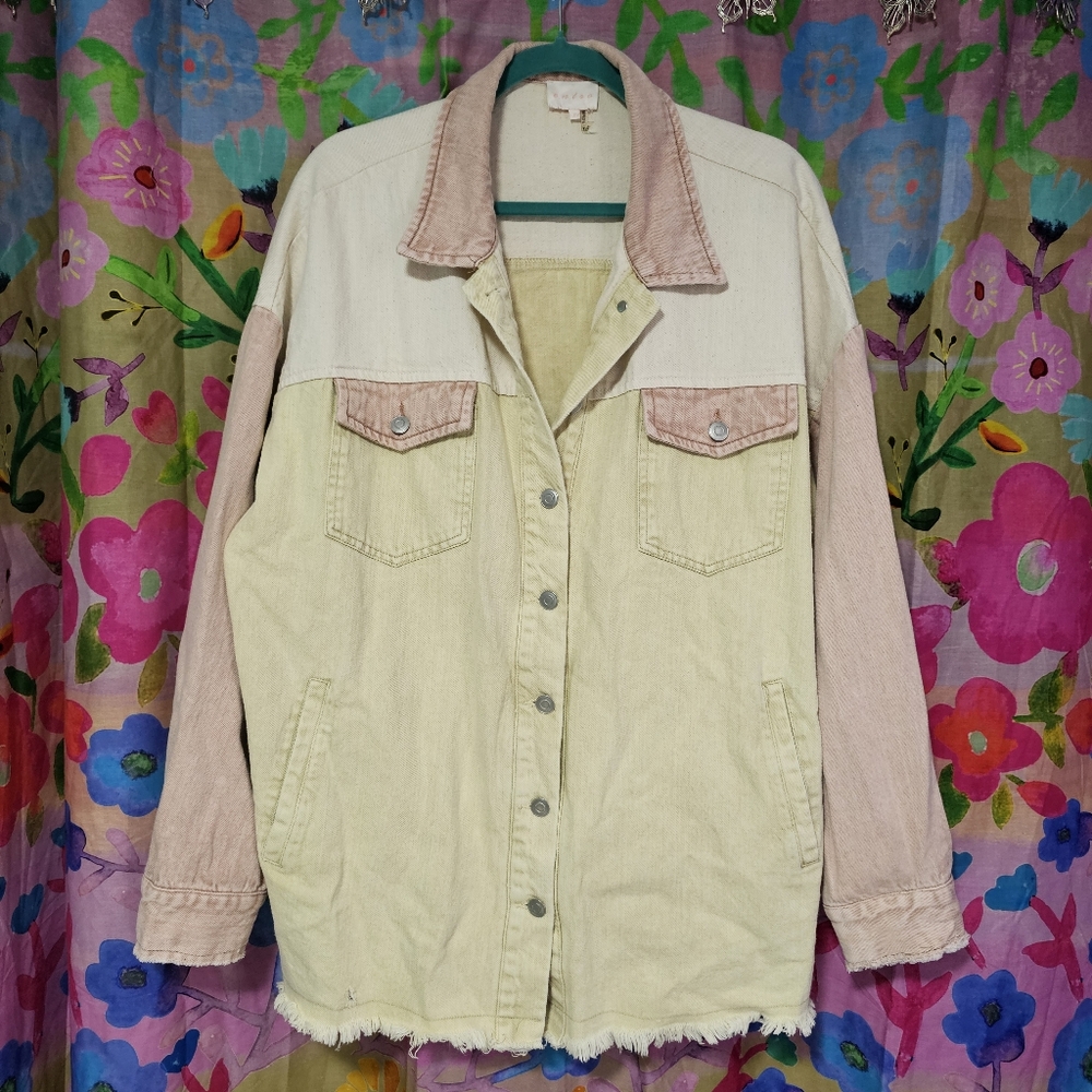 Entro Color Block pink Cream White Denim Jacket Size XL Womens - Picture 4 of 7